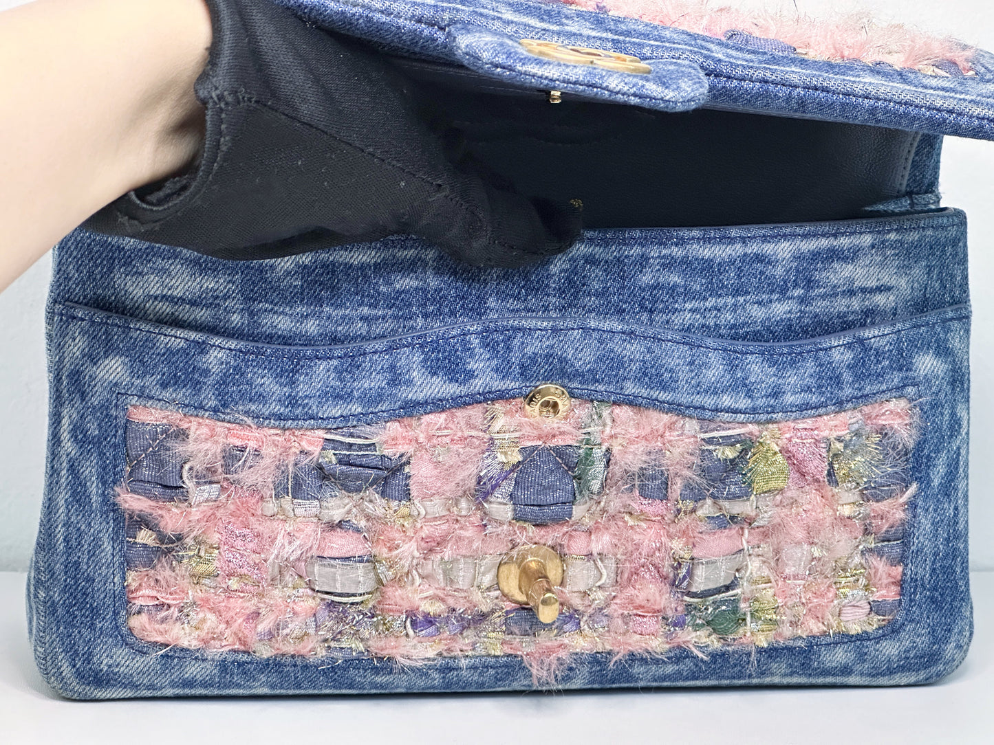 Chanel Pink, Silver, and Gold Tweed and Denim Medium Classic Double Flap Gold Hardware, 2016