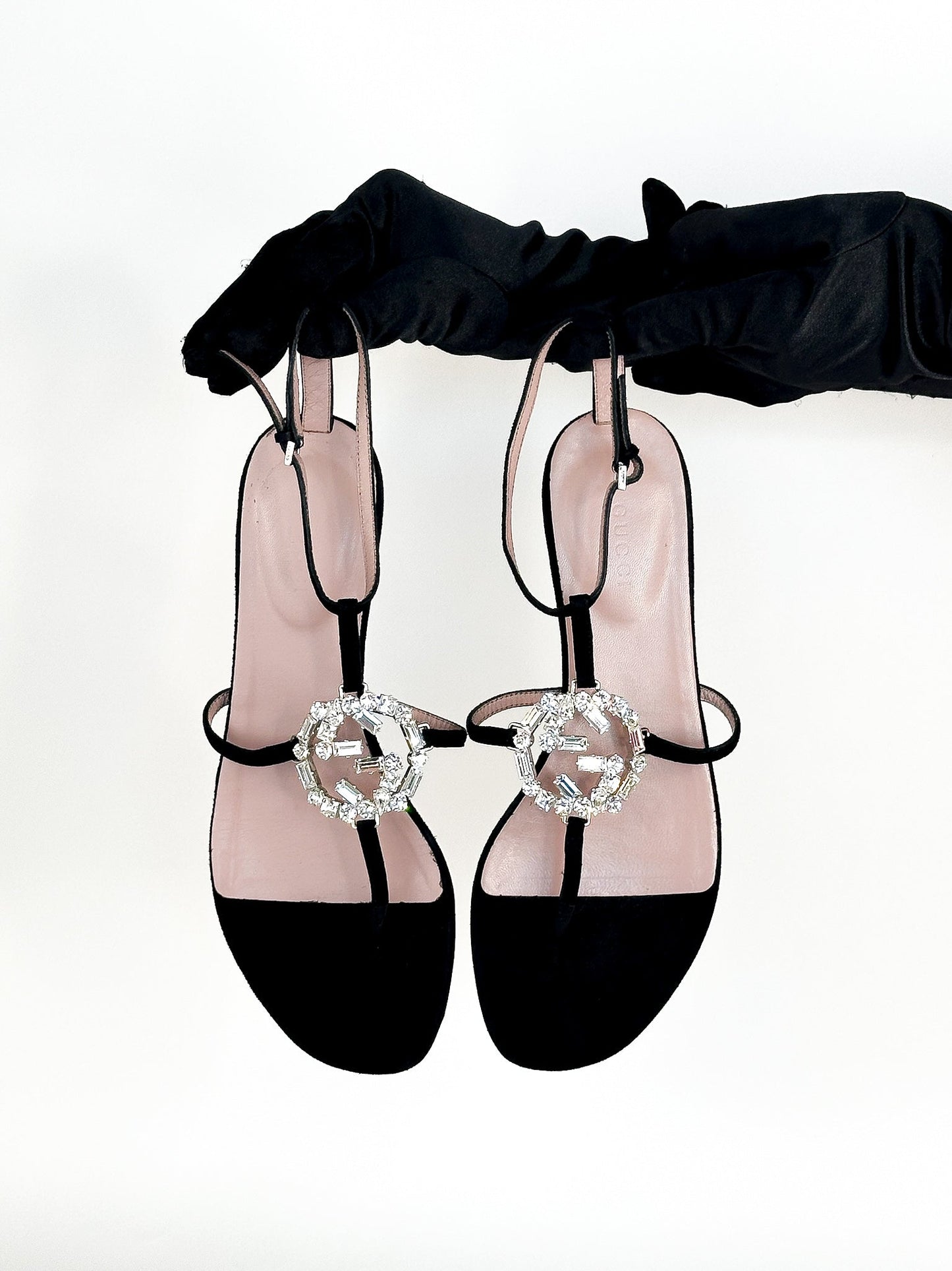 Gucci Black Suede GG Interlocking Crystal Embellished Flat Sandals Size 37