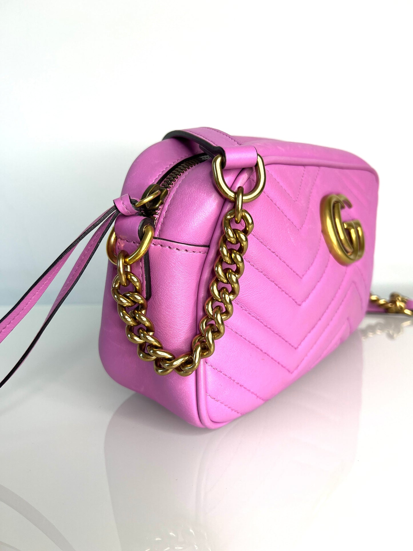 Gucci GG Marmont Small Pink Leather Camera Shoulder Bag - Preloved