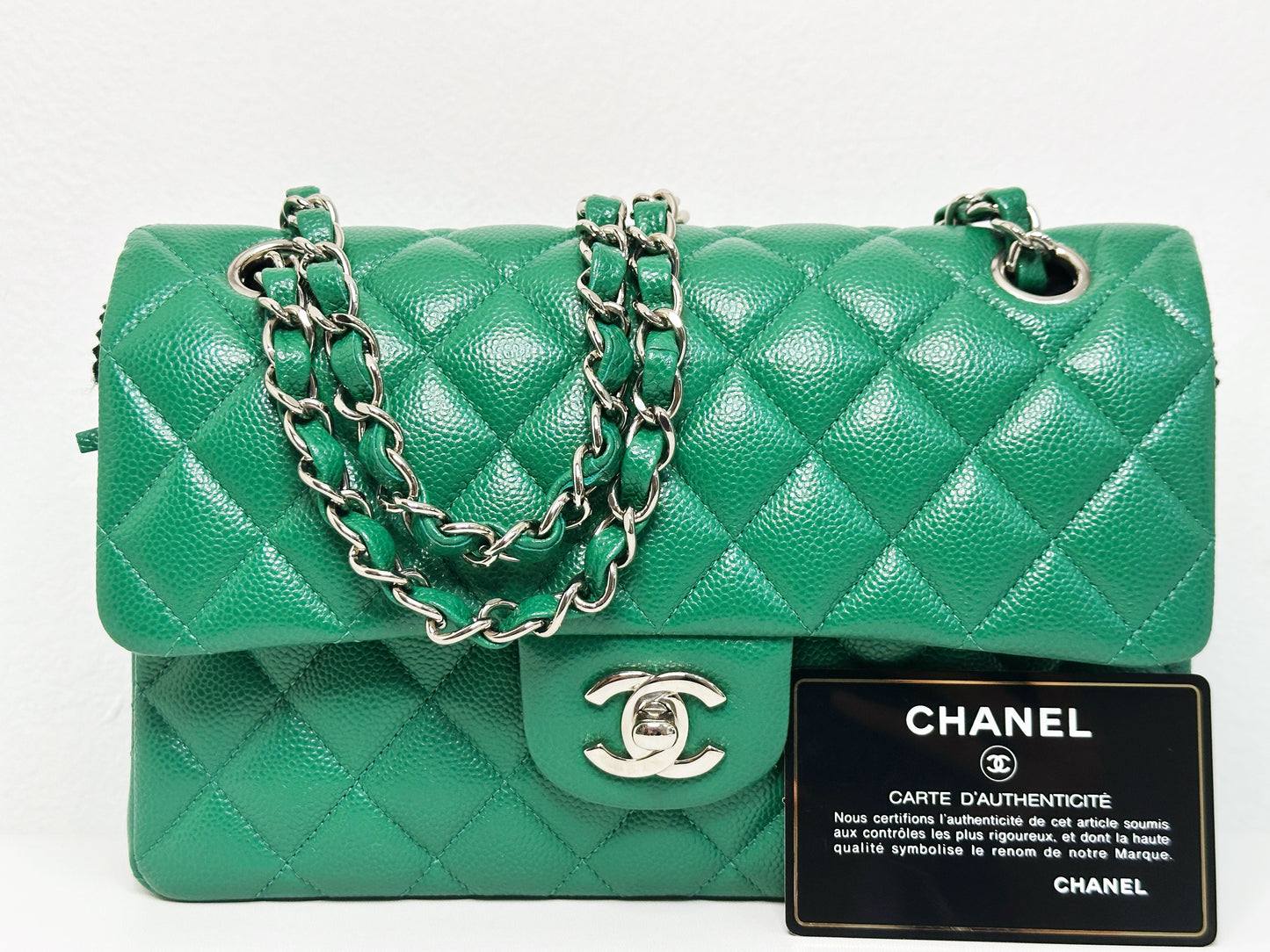 CHANEL 20B Green Classic Small Double Flap Bag SHW 3050 holo card