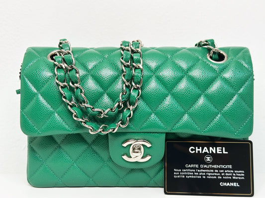 CHANEL 20B Green Classic Small Double Flap Bag SHW 3050 holo card
