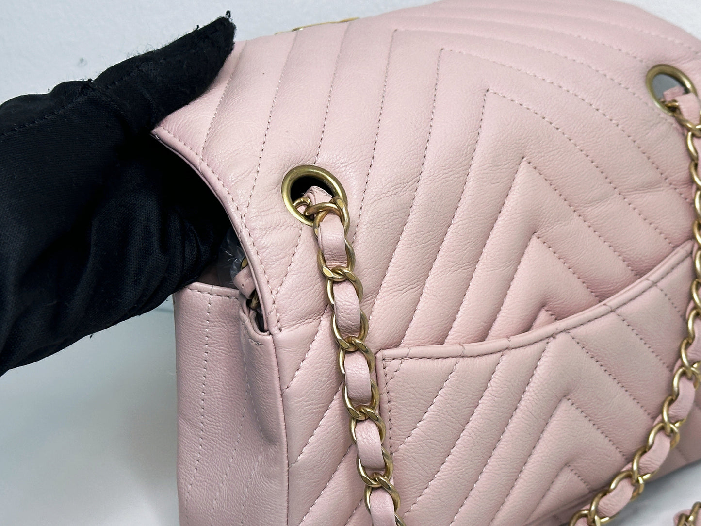 Chanel Classic Mini Rectangular 17C Light Pink Chevron Calfskin with brushed gold hardware ⁣⁣2383 holo card
