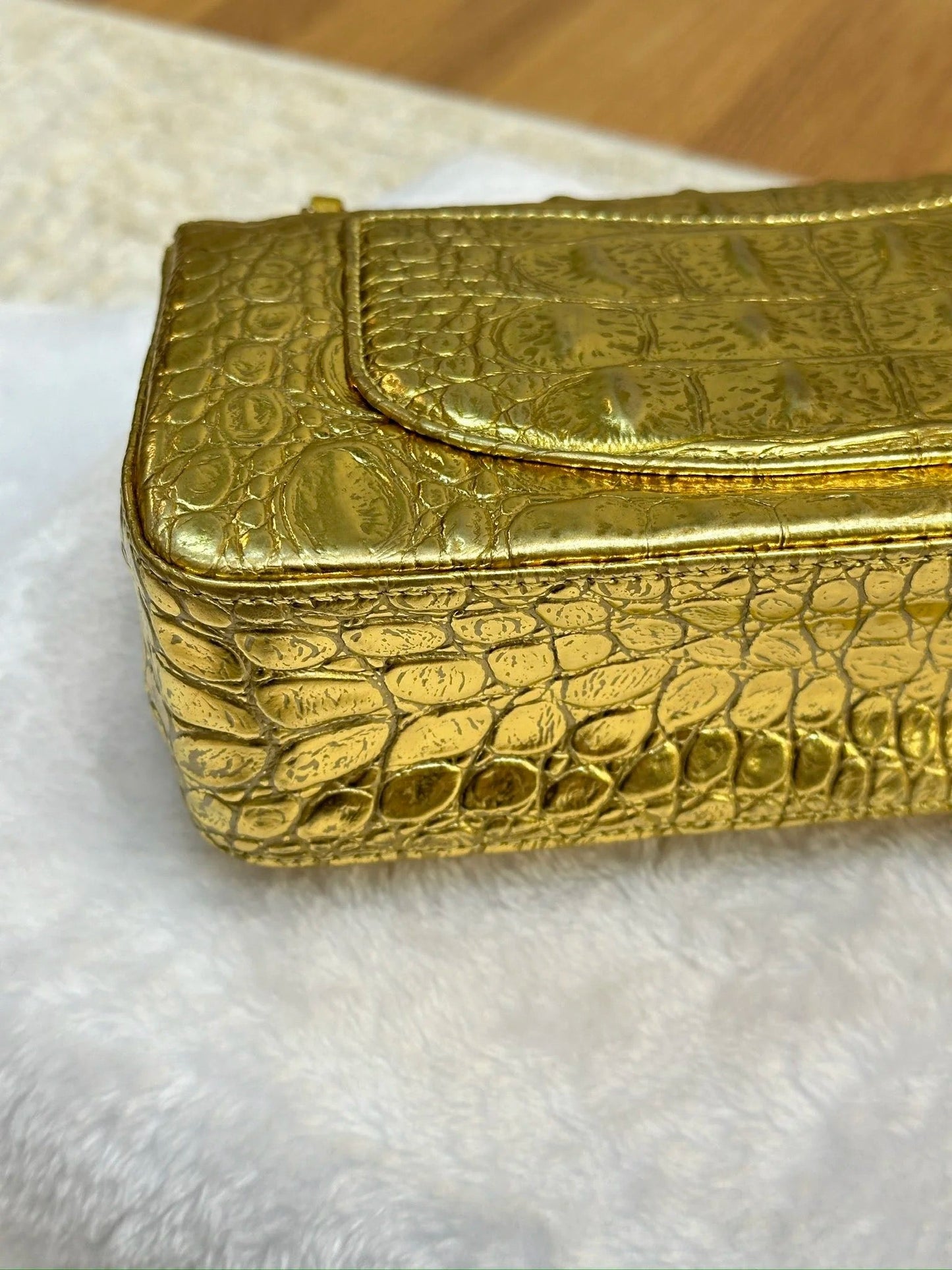 Chanel Medium  Calfskin Crocodile Embossed  Gold Metallic Flap Bag