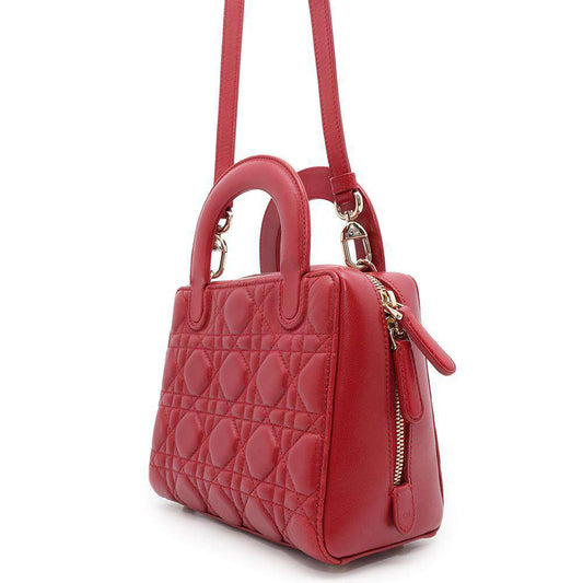 Dior Lady Dior 2WAY Handbag Red Lambskin Size Small