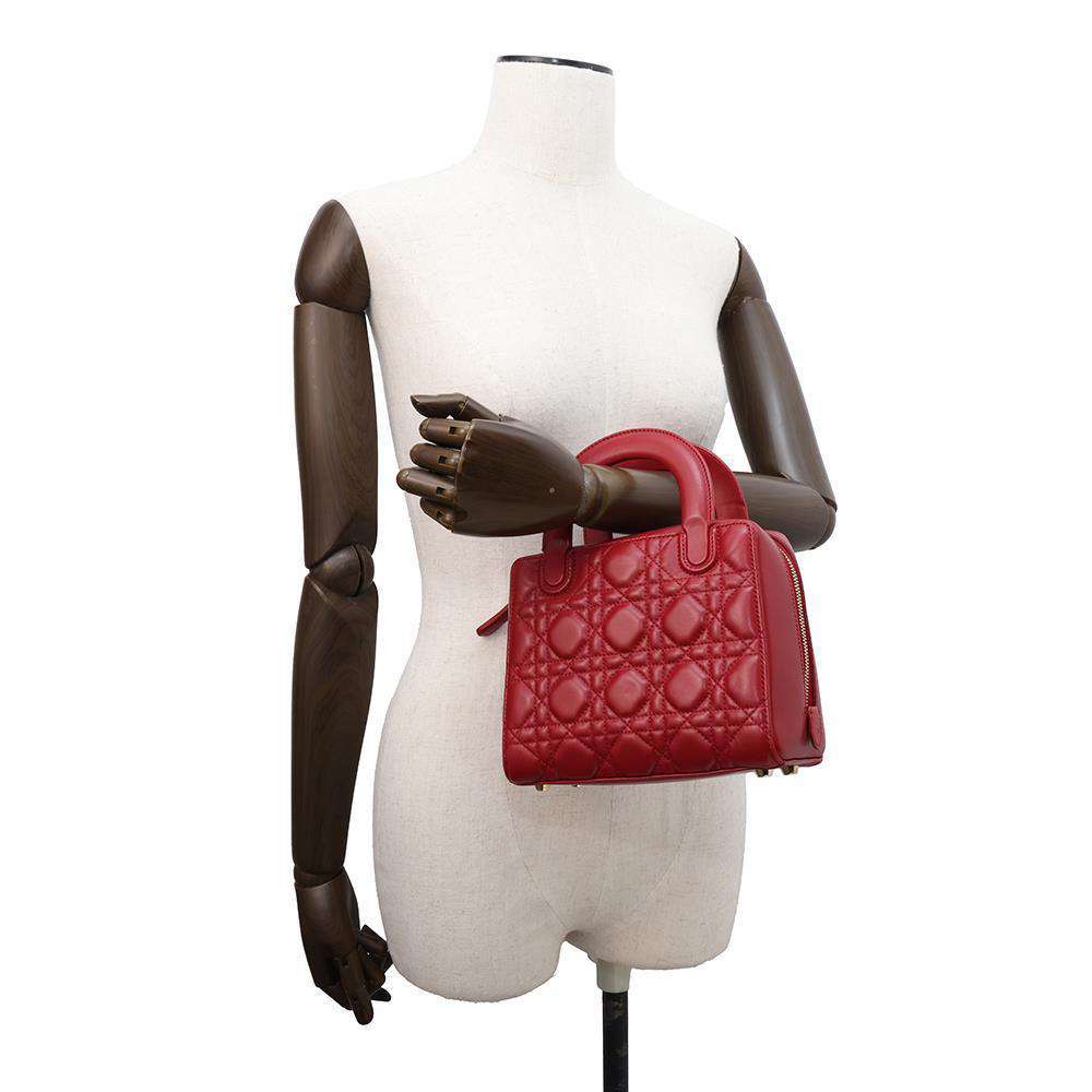 Dior Lady Dior 2WAY Handbag Red Lambskin Size Small