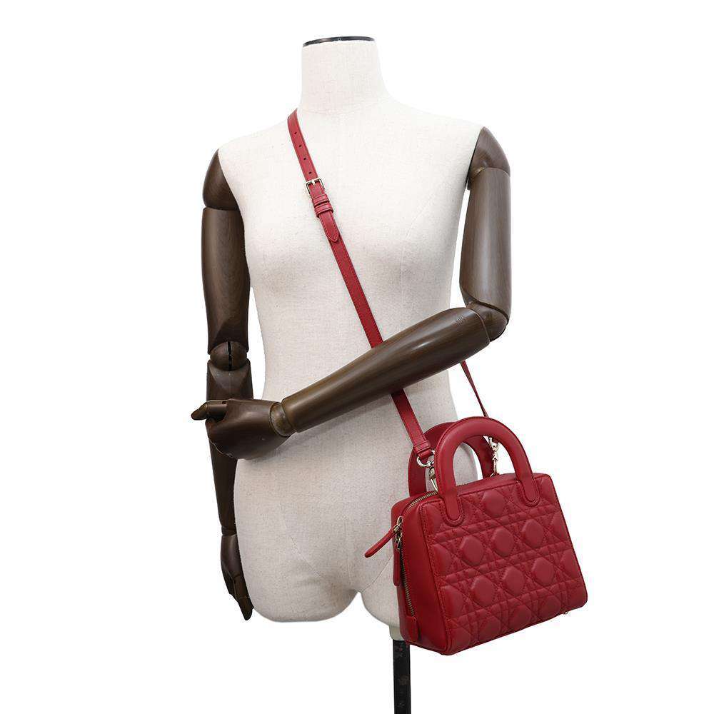 Dior Lady Dior 2WAY Handbag Red Lambskin Size Small
