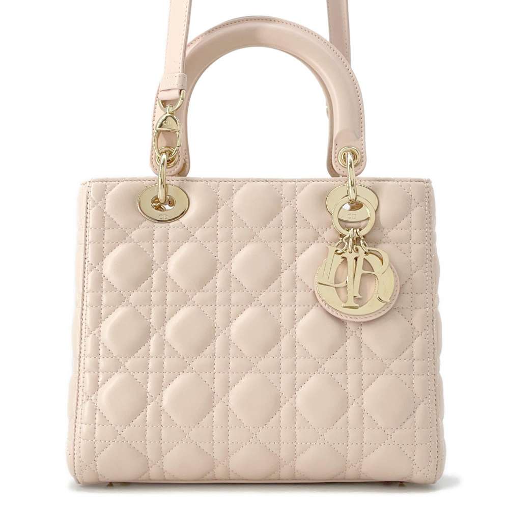 Dior Lady Dior 2WAY Handbag Pink Lambskin Size Medium