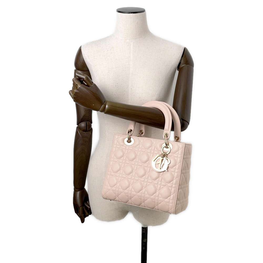 Dior Lady Dior 2WAY Handbag Pink Lambskin Size Medium