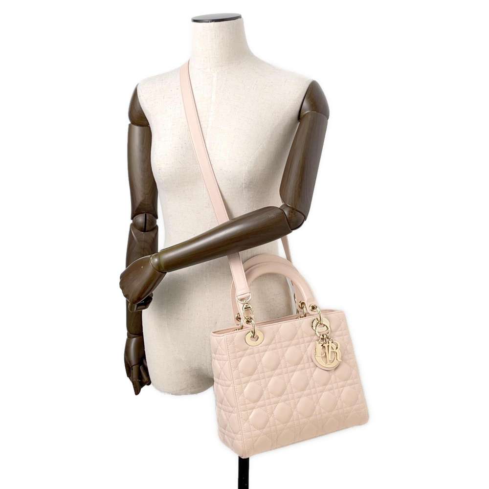 Dior Lady Dior 2WAY Handbag Pink Lambskin Size Medium