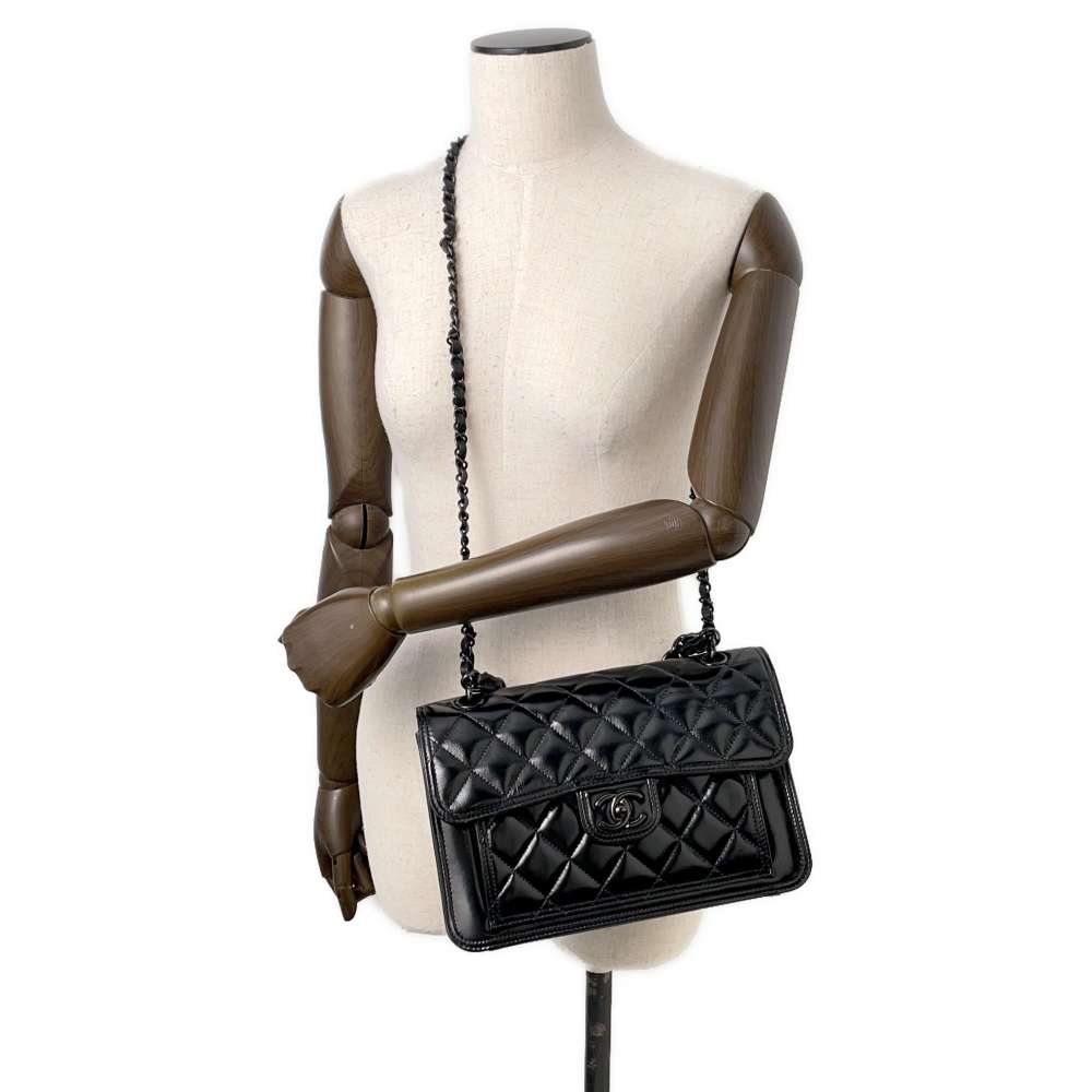 CHANEL Matelasse Flap Bag BlackAS4051 Shiny Calf Leather Size 27