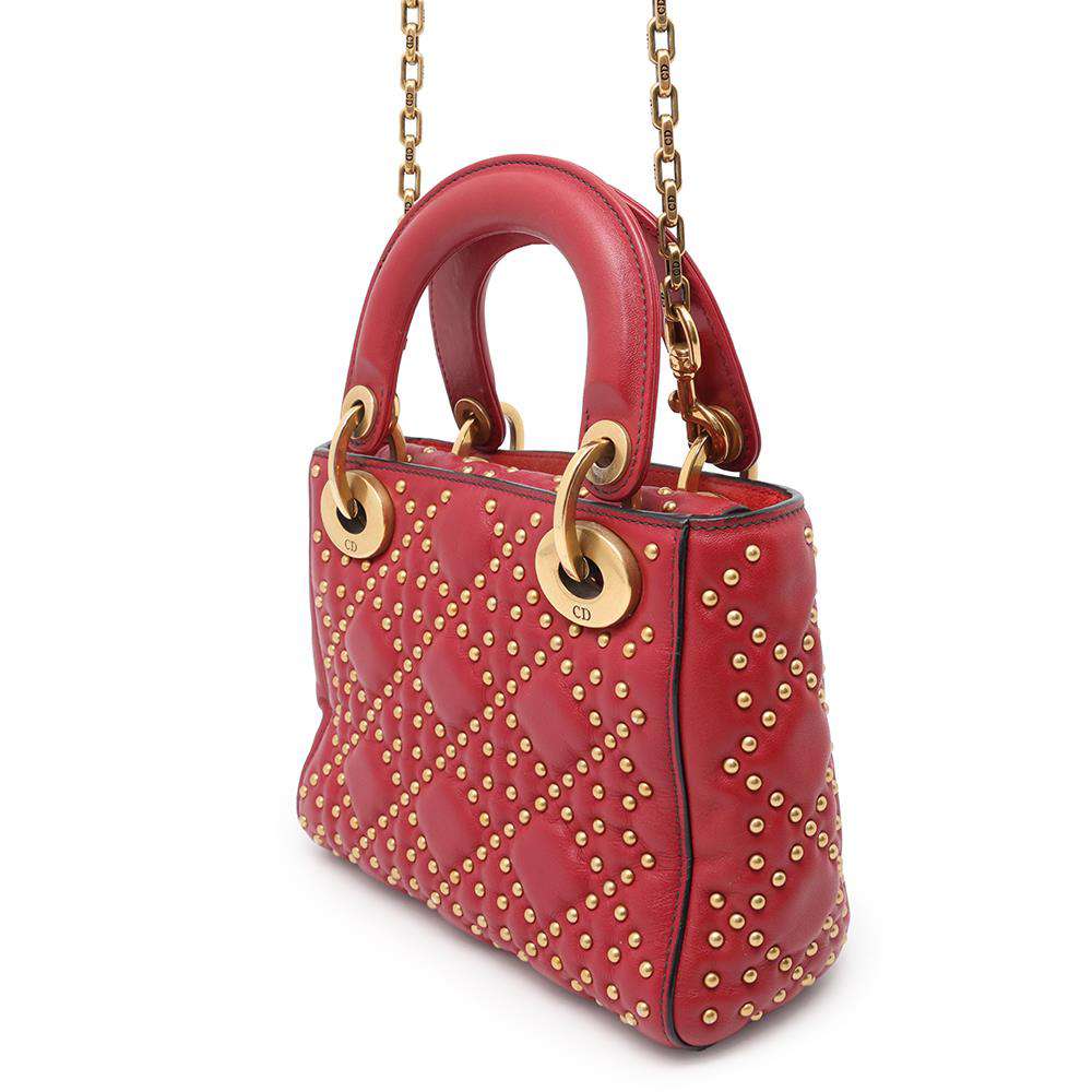 Dior Lady Dior Cannage Studded Sapple Satchel Bag 2017 Red Leather Size Mini