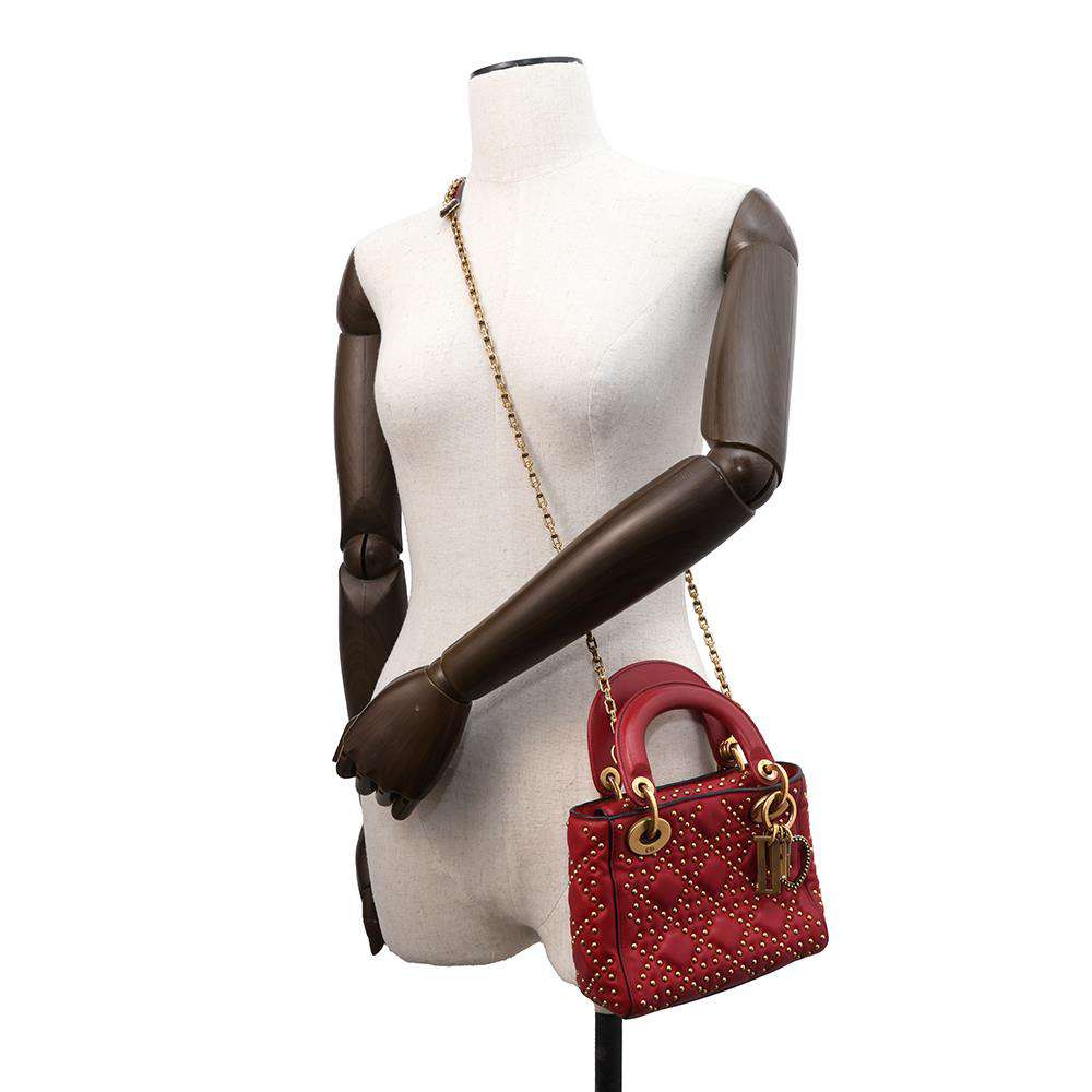 Dior Lady Dior Cannage Studded Sapple Satchel Bag 2017 Red Leather Size Mini