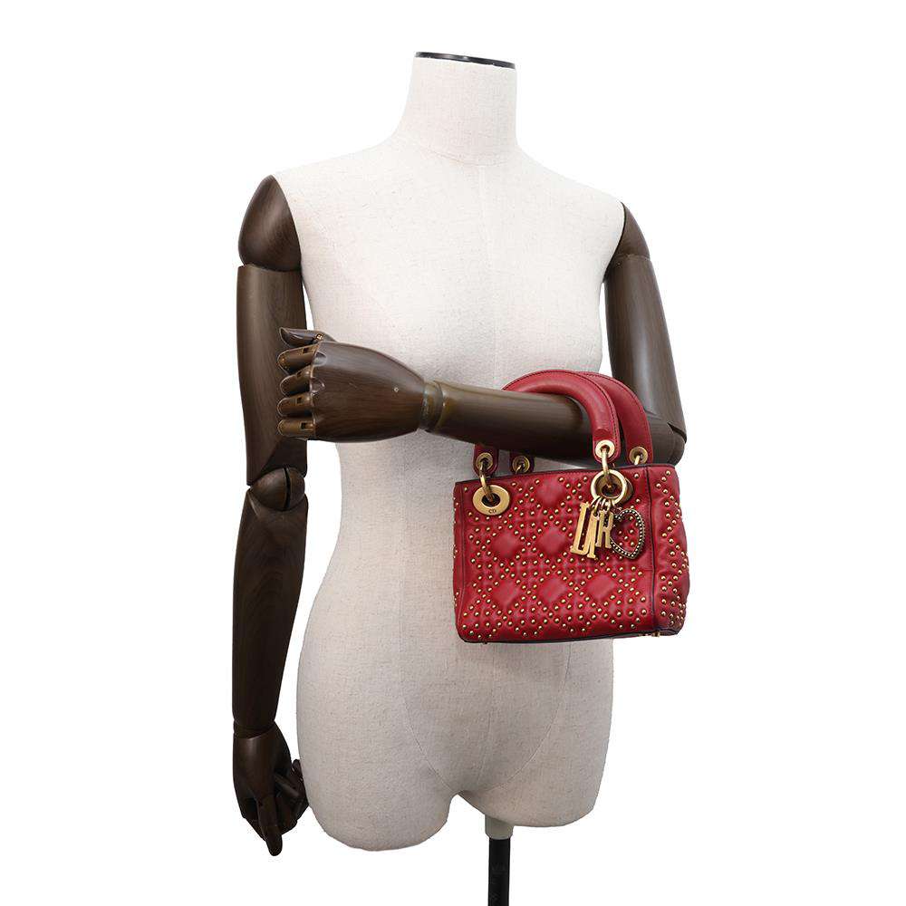 Dior Lady Dior Cannage Studded Sapple Satchel Bag 2017 Red Leather Size Mini