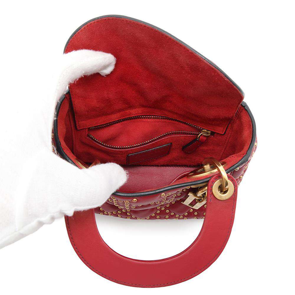 Dior Lady Dior Cannage Studded Sapple Satchel Bag 2017 Red Leather Size Mini