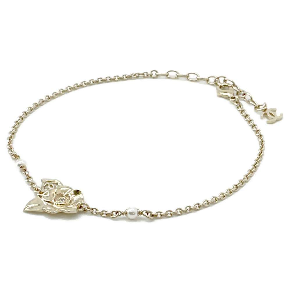 CHANEL Camellia motif choker Champagne GoldABE419 Metal Faux Pearl  Rhinestone