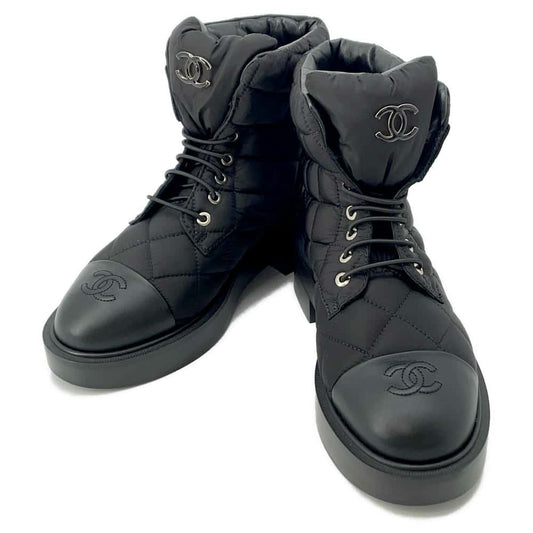 CHANEL Matelasse CC Logo short boots BlackG45125 Leather Nylon Size 37 2/1C