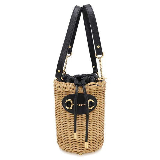 GUCCI Horsebit basket bucket bag Beige/Black649852 Straw Leather