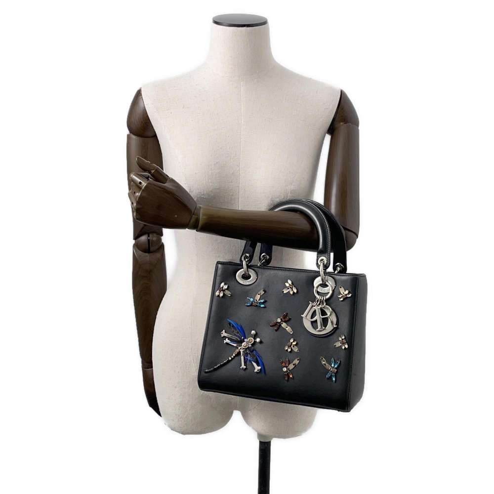 Dior Lady Dior 2WAYHandbag Black Leather Rhinestone