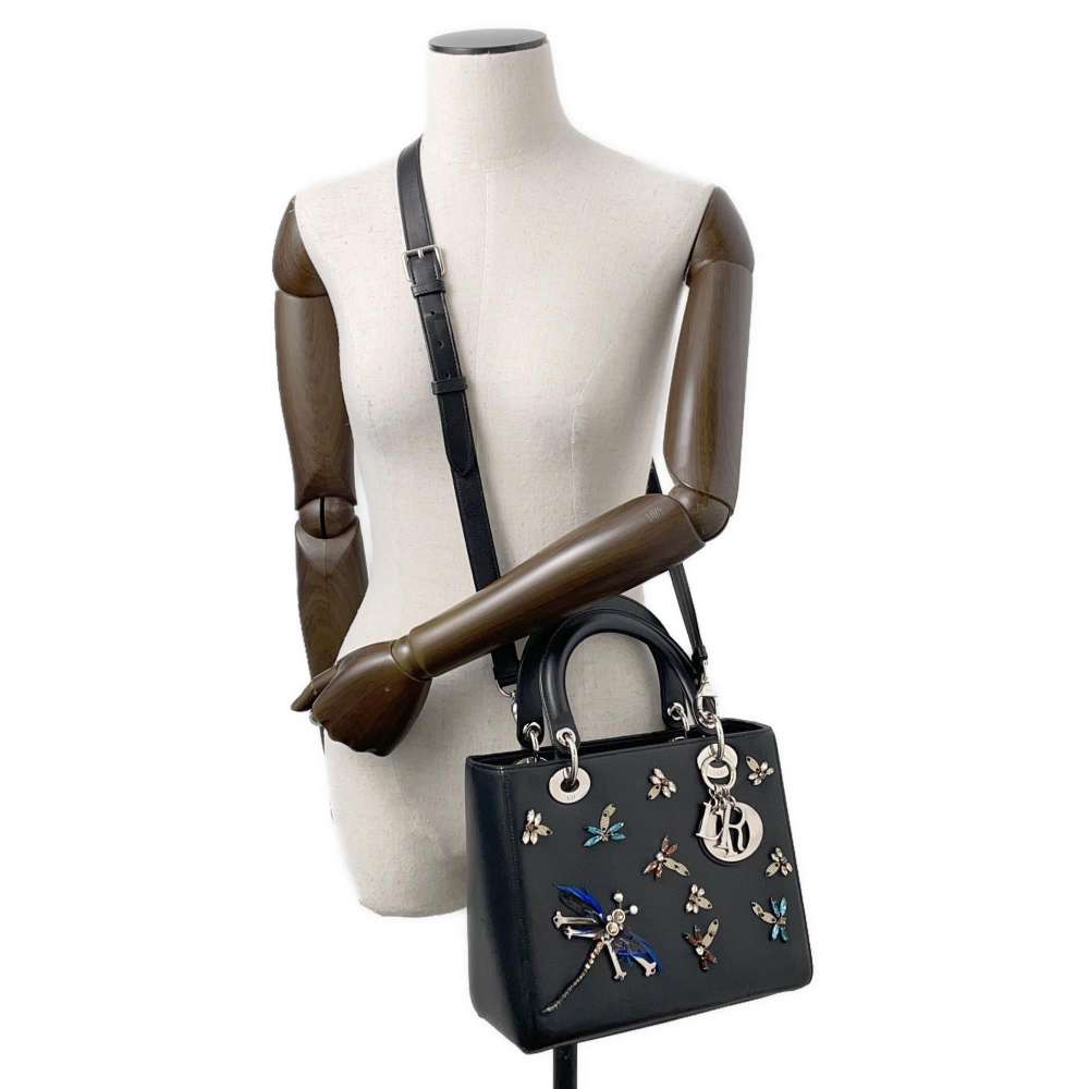 Dior Lady Dior 2WAYHandbag Black Leather Rhinestone