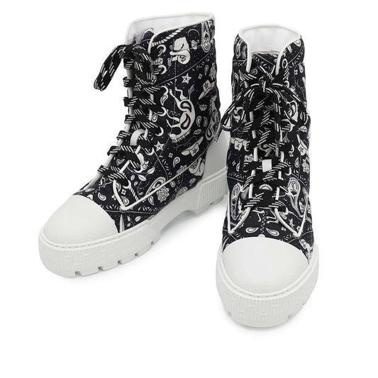 HERMES Short Boots Fresh BandanaPattern White/BlackH241173Z Calf Leather Quilted Parachute Fabric Rubber Size 37