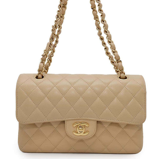 CHANEL Matelasse W Flap ChainShoulder Bag BeigeA01113 Caviar Leather Size 23