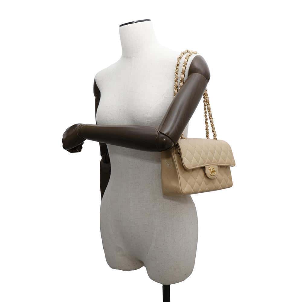 CHANEL Matelasse W Flap ChainShoulder Bag BeigeA01113 Caviar Leather Size 23