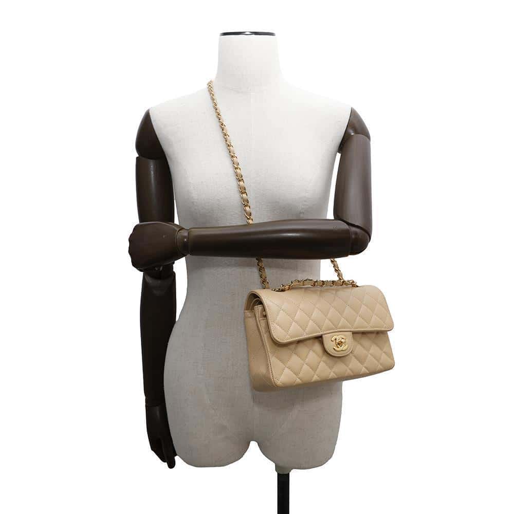 CHANEL Matelasse W Flap ChainShoulder Bag BeigeA01113 Caviar Leather Size 23