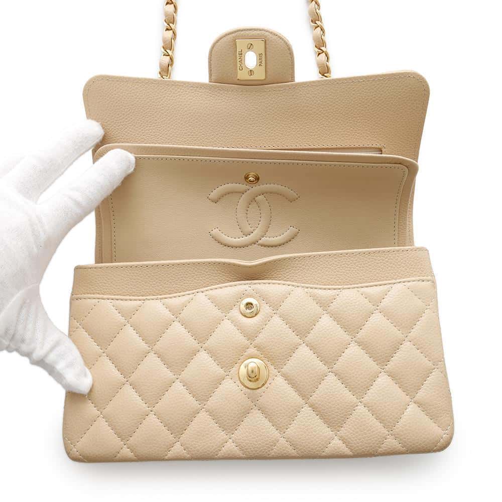 CHANEL Matelasse W Flap ChainShoulder Bag BeigeA01113 Caviar Leather Size 23