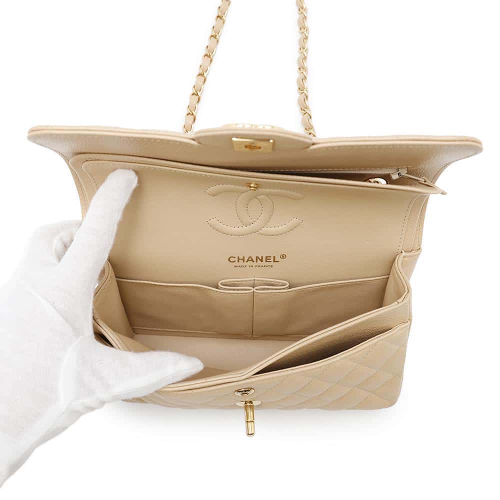 CHANEL Matelasse W Flap ChainShoulder Bag BeigeA01113 Caviar Leather Size 23