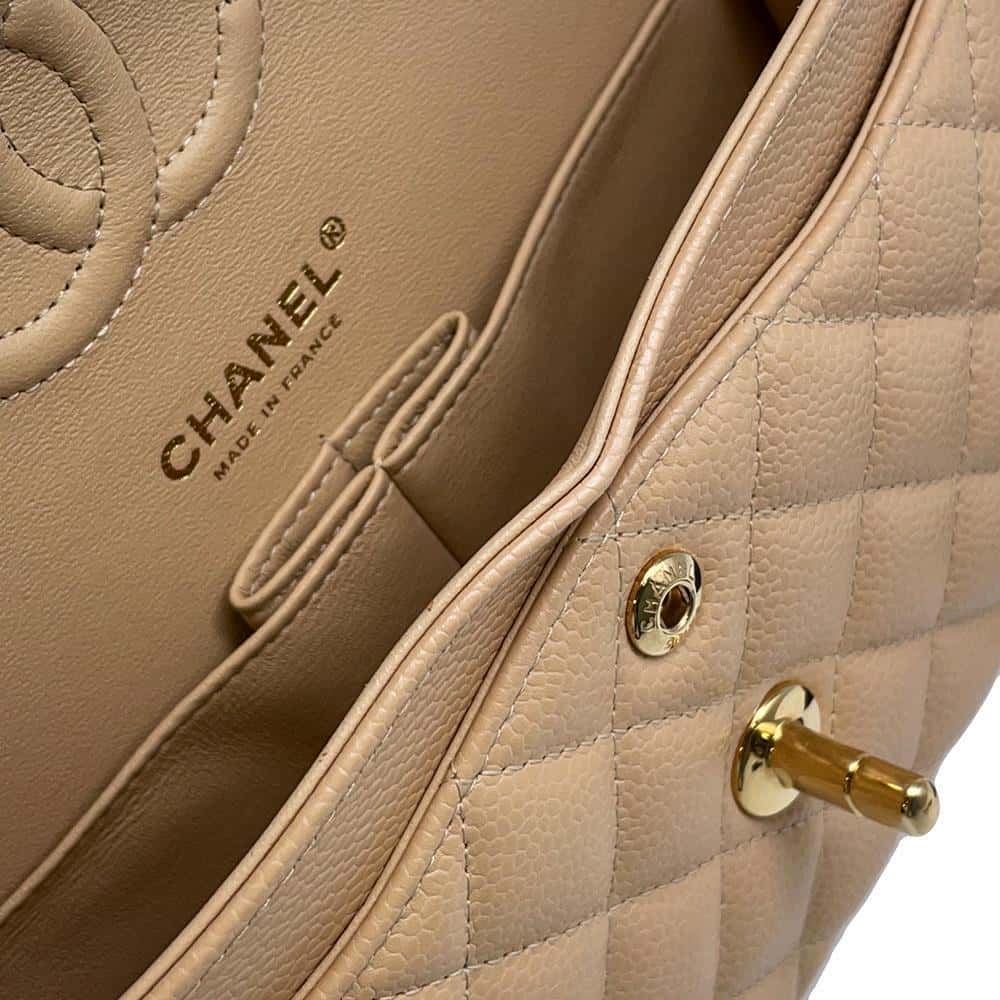CHANEL Matelasse W Flap ChainShoulder Bag BeigeA01113 Caviar Leather Size 23