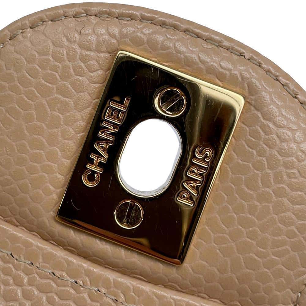 CHANEL Matelasse W Flap ChainShoulder Bag BeigeA01113 Caviar Leather Size 23