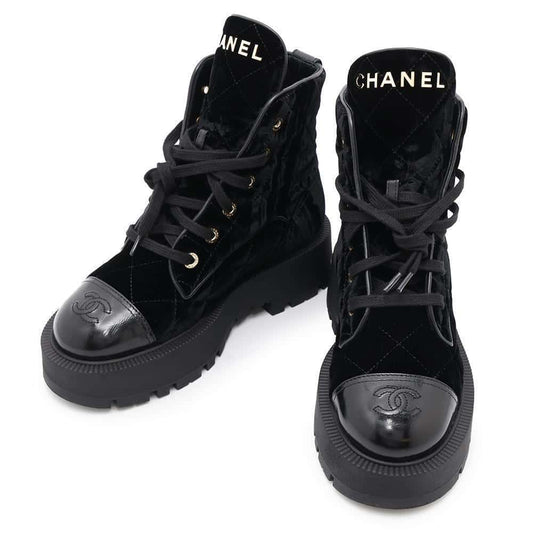 CHANEL Lace-up short boots BlackG45798 Velvet Calf Leather Size 37 1/2C