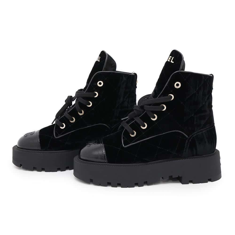 CHANEL Lace-up short boots BlackG45798 Velvet Calf Leather Size 37 1/2C