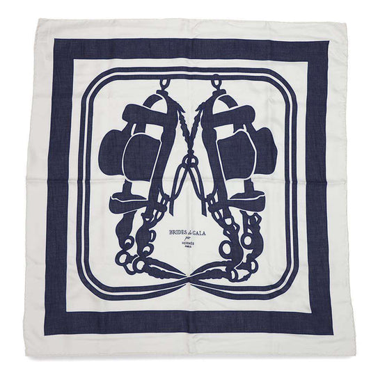 HERMES Carre Brides de Gala Tattoo Cotton Brides de Gala Tattoo Size 90 Marine/White Silk100%