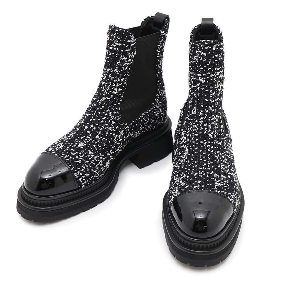 CHANEL Side gore short boots Black/WhiteG45087 Leather Tweed Patent Leather Size 36 1/2