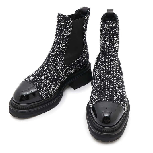 CHANEL Side gore short boots Black/WhiteG45087 Leather Tweed Patent Leather Size 36 1/2