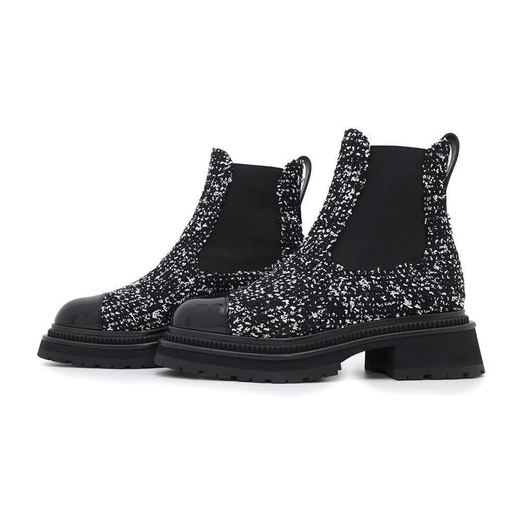 CHANEL Side gore short boots Black/WhiteG45087 Leather Tweed Patent Leather Size 36 1/2