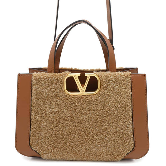 Valentino Garavani V-sling 2WAY Shoulder Brown Mouton Leather