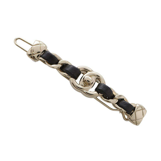 CHANEL CC Logo Turnlock Hair Clip Black Metal Leather