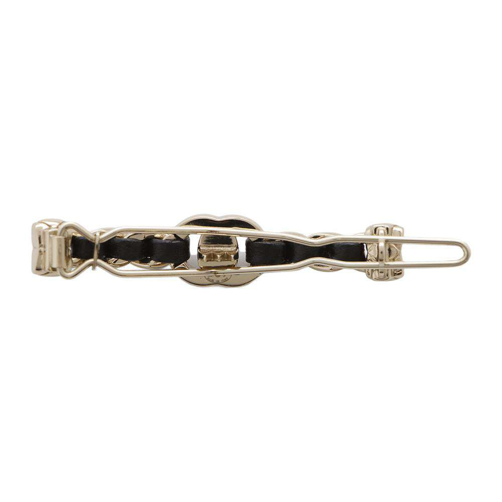 CHANEL CC Logo Turnlock Hair Clip Black Metal Leather