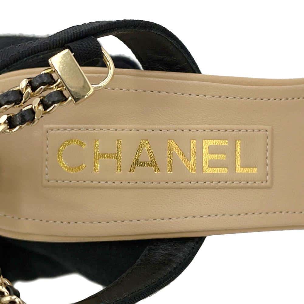 CHANEL Double Chain EncreStrap Heel Sandals Beige/BlackG45094 Leather Size 35H
