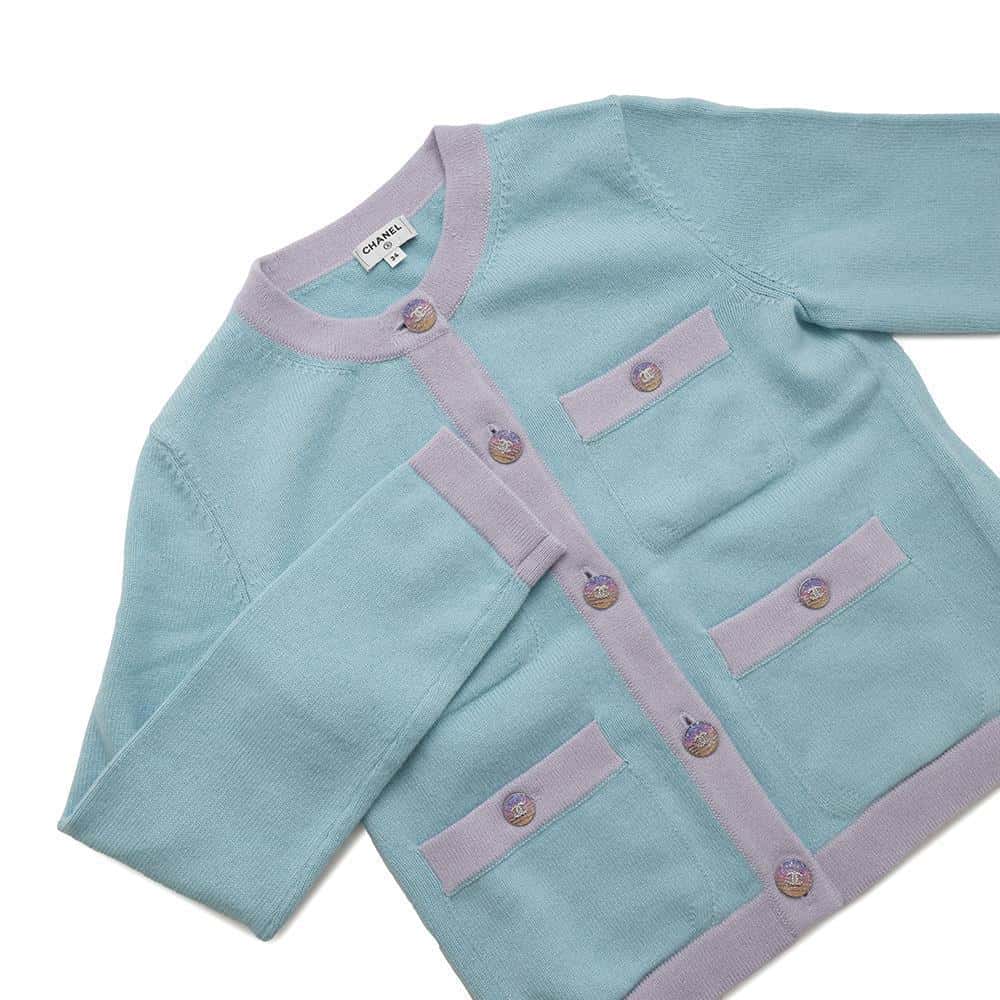 CHANEL cardigan Size 34 Light Blue/PurpleP76463 Cashmere100% Rhinestone