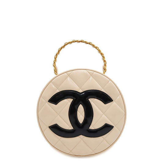 CHANEL Round Vanity Handbag Beige Patent Leather