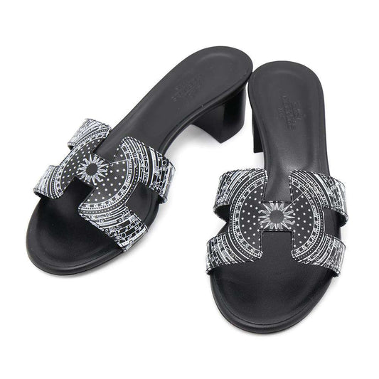 HERMES Sandals "Oasis" Black/WhiteH232166Z Leather Size 34