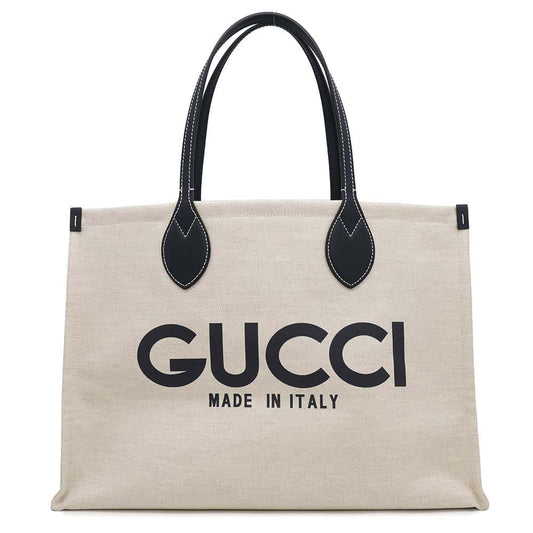 GUCCI Logo print Tote Bag Beige/Dark Blue772176 Canvas Leather Size Medium