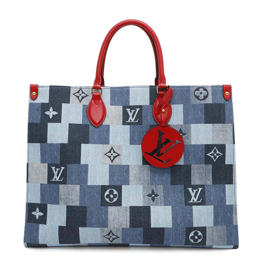 LOUIS VUITTON Onthego Blue/RedM44992 Monogram Denim Leather Size GM