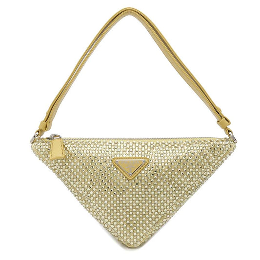 PRADA CrystalStudded Triangle Handbag Yellow1NQ044 Satin Leather Rhinestone