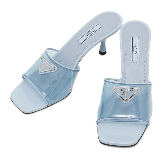 PRADA open toe clear mules Blue1XX644 Leather PVC Coated Canvas Size 36 1/2