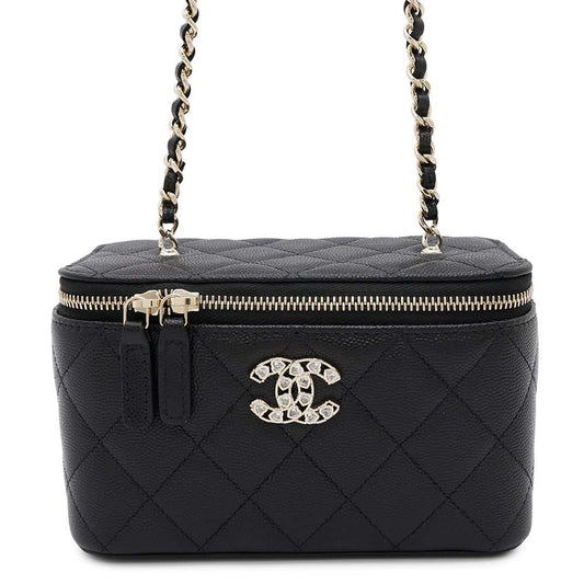 CHANEL CC Logo Heart Rhinestone Matelasse Vanity ChainShoulder Bag BlackAP4530 Caviar Leather Strass