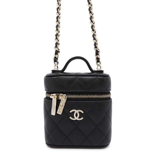 CHANEL Matelasse Vanity Case Shoulder Bag BlackAP2503 Caviar Leather Size Small